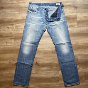 Diesel Iakop Jeans Men 32x32 Blue Regular Slim Tapered Fit Thrashed Faded 0807K